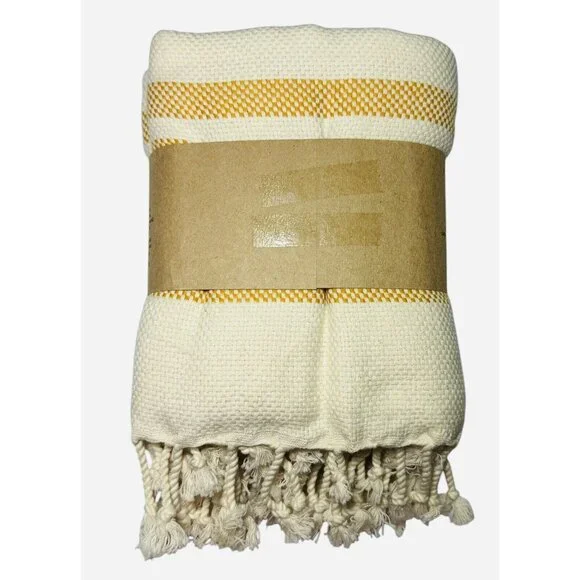 SAND CLOUD Yellow STRIPE BEACH TOWEL TURKISH Scallops ORGANIC COTTON 37"x67" - Picture 5 of 9
